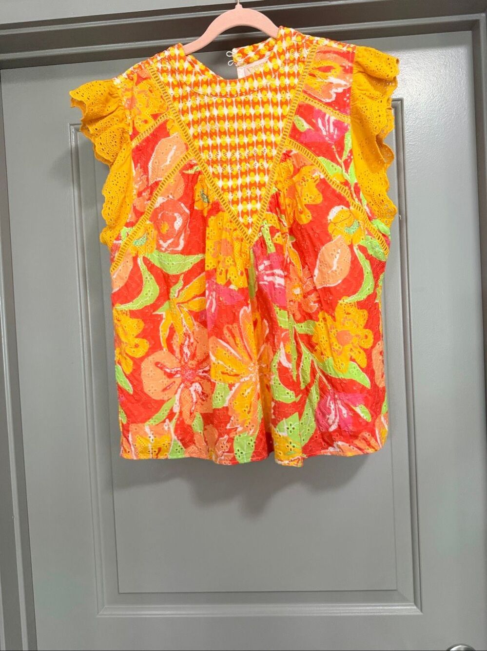 Verb by Pallavi Singhee Floral Ruffle Short Sleeve Blouse Size Large L Top